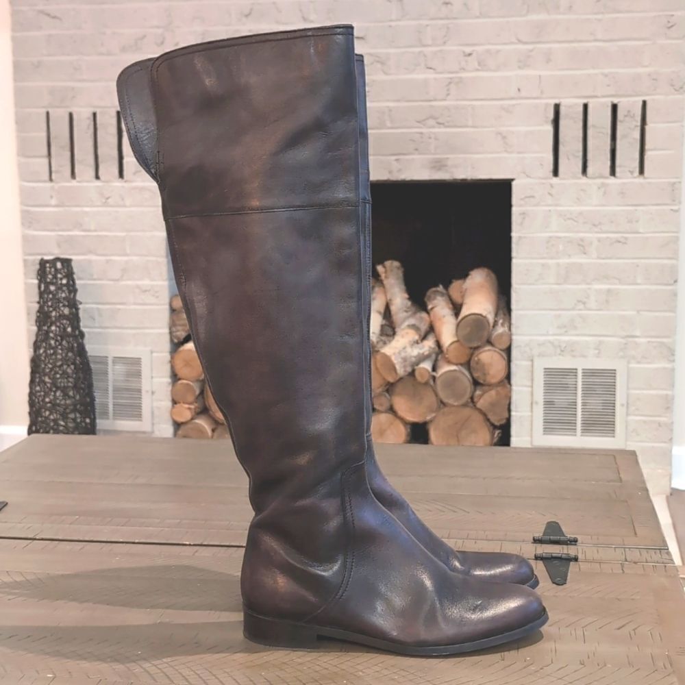 Anthropologie Miss Albright Black Gray Antique Leather Over The Knee Boots Sz 39